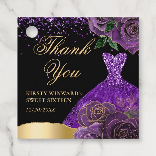 パープルと金ゴールドグリッタードレスグラムバラスウィート16 フェイバータグ (正面)