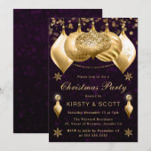 パープルと金ゴールドグリッターバウブルクリスマスパーティー 招待状 (正面/裏面)