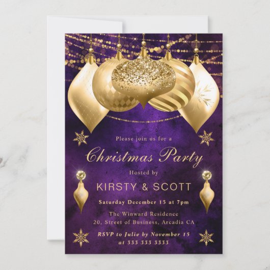 パープルと金ゴールドグリッターバウブルクリスマスパーティー 招待状 (正面)