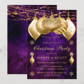 パープルと金ゴールドグリッターバウブルクリスマスパーティー 招待状 (正面/裏面)