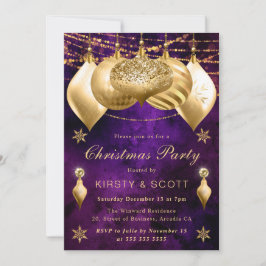 パープルと金ゴールドグリッターバウブルクリスマスパーティー 招待状