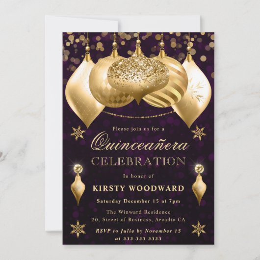 パープルと金ゴールドグリッターバウブルズキンセアニェラ 招待状 (正面)