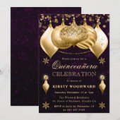 パープルと金ゴールドグリッターバウブルズキンセアニェラ 招待状 (正面/裏面)