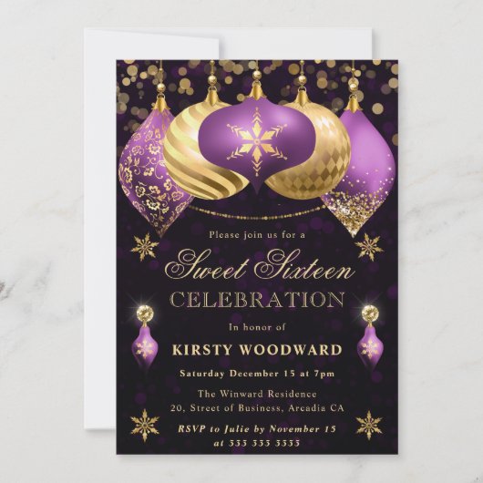 パープルと金ゴールドグリッターバウブルズSweet sixteen 招待状 (正面)