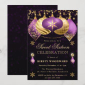 パープルと金ゴールドグリッターバウブルズSweet sixteen 招待状 (正面/裏面)
