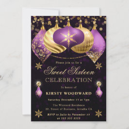 パープルと金ゴールドグリッターバウブルズSweet sixteen 招待状
