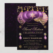 パープルと金ゴールドグリッターバウブルズSweet sixteen 招待状 (正面/裏面)