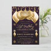 パープルと金ゴールドグリッターバウブル21歳の誕生日 招待状 (スタンド正面)