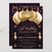 パープルと金ゴールドグリッターバウブル21歳の誕生日 招待状 (正面/裏面)