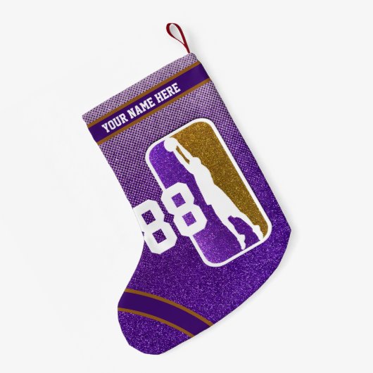 パープルと金ゴールドグリッターバスケットボールチームジャージー スモールクリスマスストッキング (裏面 (吊り時))