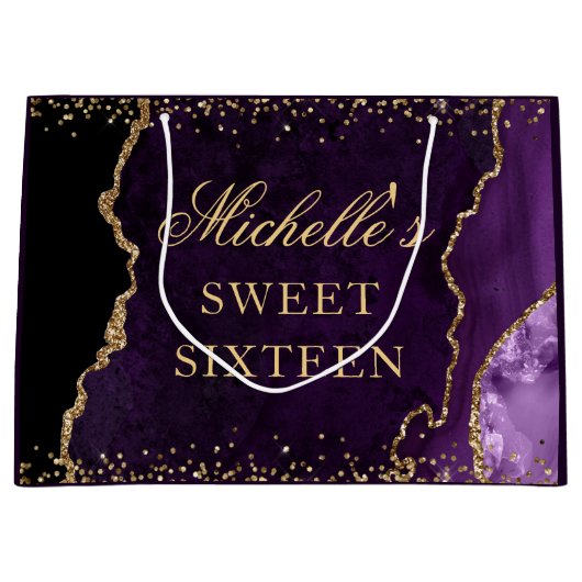 パープルと金ゴールドグリッターマーブルアガテスウィート16 ラージペーパーバッグ (正面)