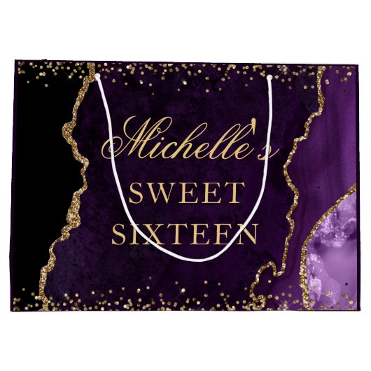 パープルと金ゴールドグリッターマーブルアガテスウィート16 ラージペーパーバッグ (裏面)