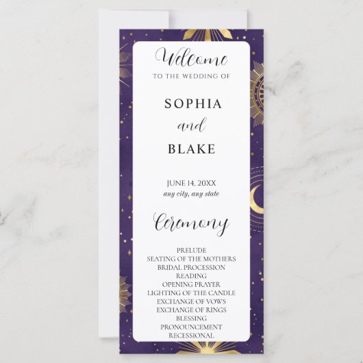 パープルと金ゴールドシナ結婚式 プログラム (正面)