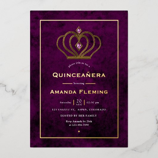 パープルと金ゴールドジェムストーンクラウンキンセアニラ 箔招待状 (正面)