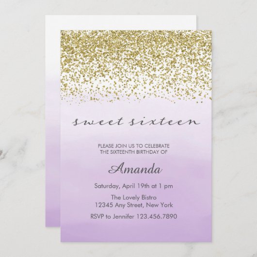 パープルと金ゴールドスウィート16誕生日招待状 招待状 (正面/裏面)