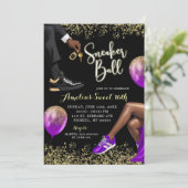 パープルと金ゴールドスニーカーのボールスウィート16誕生日 招待状 (スタンド正面)