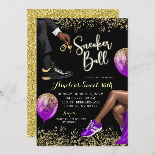 パープルと金ゴールドスニーカーのボールスウィート16誕生日 招待状 (正面/裏面)