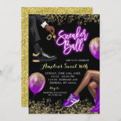 パープルと金ゴールドスニーカーのボールスウィート16誕生日 招待状 (正面/裏面)