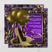 パープルと金ゴールドハイヒールウーマンバースデーパーティー 招待状 (正面/裏面)