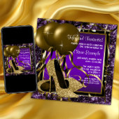 パープルと金ゴールドハイヒールウーマンバースデーパーティー 招待状