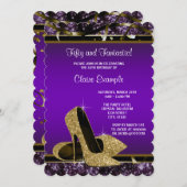 パープルと金ゴールドハイヒールウーマンバースデーパーティー 招待状 (正面/裏面)