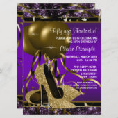 パープルと金ゴールドハイヒール誕生日パーティー 招待状 (正面/裏面)