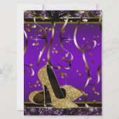 パープルと金ゴールドハイヒール誕生日パーティー 招待状 (裏面)