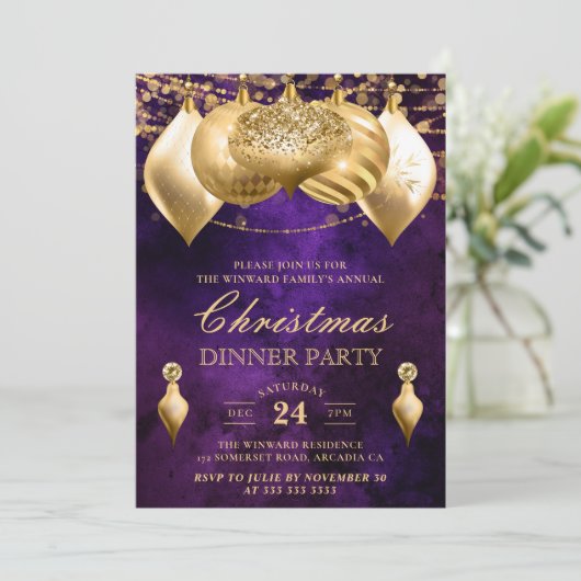 パープルと金ゴールドバウブルクリスマスディナーパーティー 招待状 (スタンド正面)