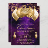 パープルと金ゴールドバウブルクリスマスディナーパーティー 招待状 (正面/裏面)