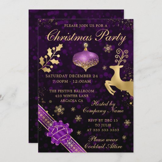 パープルと金ゴールドバウブル&リボンクリスマスパーティー 招待状 (正面/裏面)