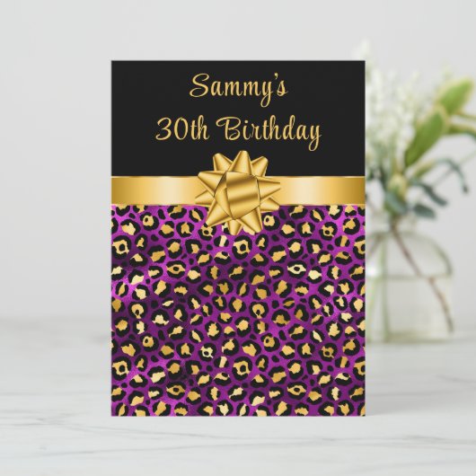 パープルと金ゴールドヒョウ印刷バースデーパーティー 招待状 (スタンド正面)