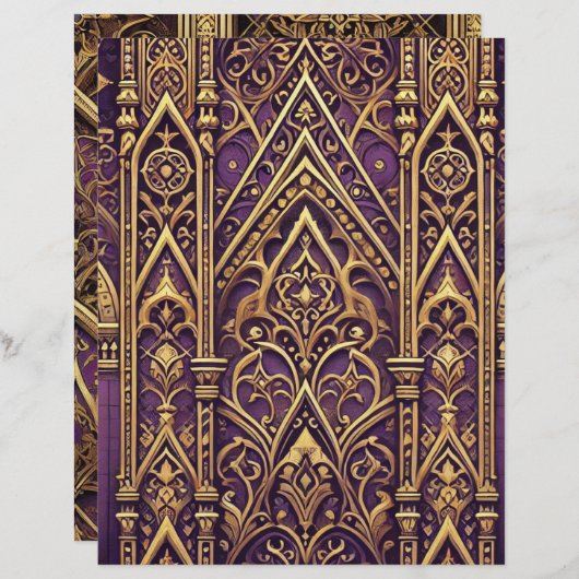 パープルと金ゴールドビクトリアンのスクラップブック紙 (正面/裏面)