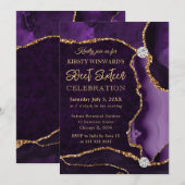 パープルと金ゴールドフェイクグリッターアガテスウィート16 招待状 (正面/裏面)