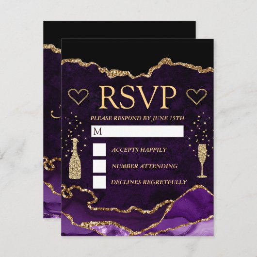 パープルと金ゴールドフェイクグリッターアゲートマーブル結婚ズ 出欠カード (正面/裏面)