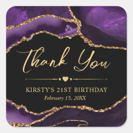 パープルと金ゴールドフェイクグリッターアゲート誕生日パーティー スクエアシール