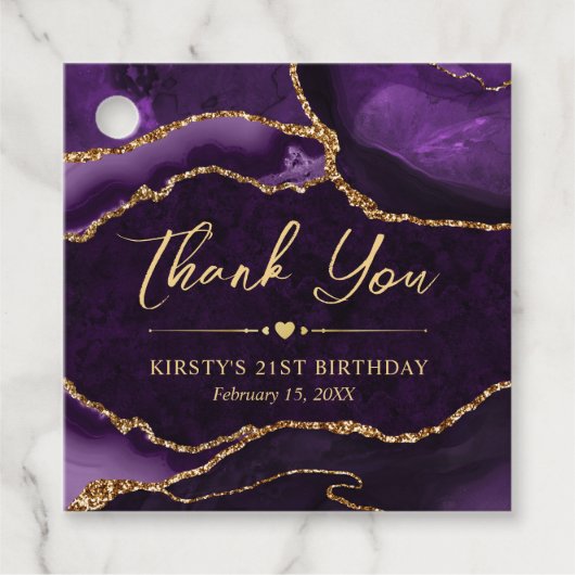 パープルと金ゴールドフェイクグリッターアゲート誕生日パーティー フェイバータグ (正面)