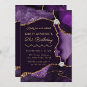 パープルと金ゴールドフェイクグリッターアゲート誕生日パーティー 招待状 (正面/裏面)
