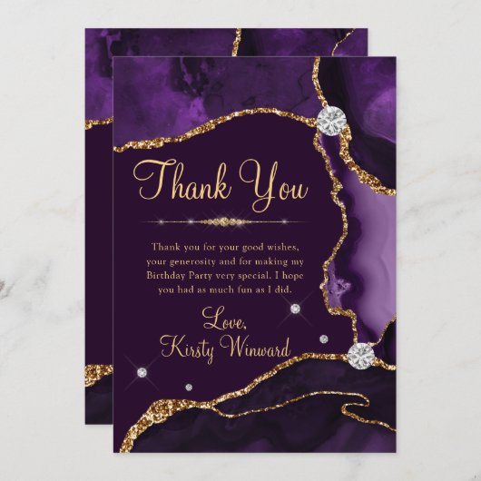 パープルと金ゴールドフェイクグリッターアゲート誕生日 サンキューカード (正面/裏面)