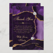 パープルと金ゴールドフェイクグリッターアゲート誕生日 サンキューカード (正面/裏面)