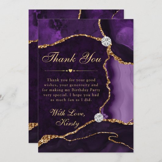 パープルと金ゴールドフェイクグリッターアゲート誕生日 サンキューカード (正面/裏面)