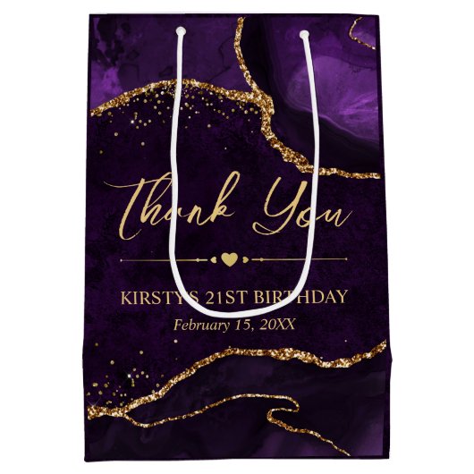 パープルと金ゴールドフェイクグリッターアゲート誕生日 ミディアムペーパーバッグ (裏面)