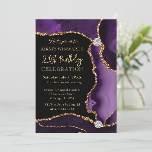 パープルと金ゴールドフェイクグリッターアゲート誕生日 招待状 (スタンド正面)