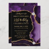 パープルと金ゴールドフェイクグリッターアゲート誕生日 招待状 (正面/裏面)