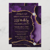 パープルと金ゴールドフェイクグリッターアゲート誕生日 招待状 (正面/裏面)
