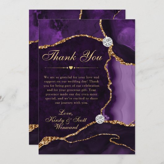 パープルと金ゴールドフェイクグリッターアゲ結婚ート サンキューカード (正面/裏面)