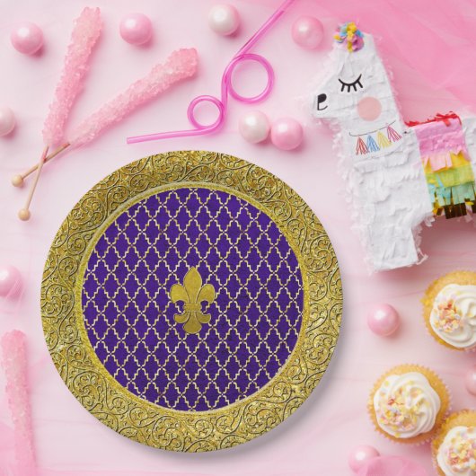 パープルと金ゴールドフルーアデリス任意の大事な行事 ペーパープレート (パーティー)