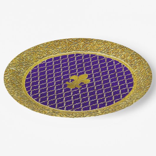 パープルと金ゴールドフルーアデリス任意の大事な行事 ペーパープレート (アングル)