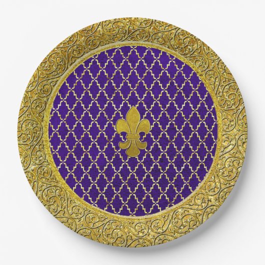 パープルと金ゴールドフルーアデリス任意の大事な行事 ペーパープレート (正面)