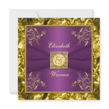パープルと金ゴールドフローラモノグラム結婚式招待状