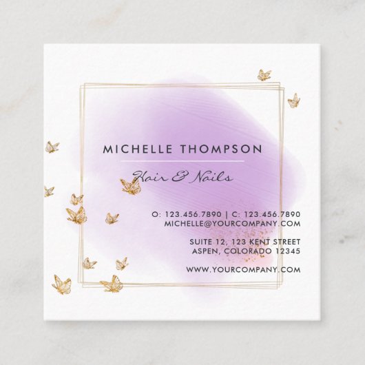 パープルと金ゴールドブラシストロークドゥードルスクエアビジネス スクエア名刺 (正面)